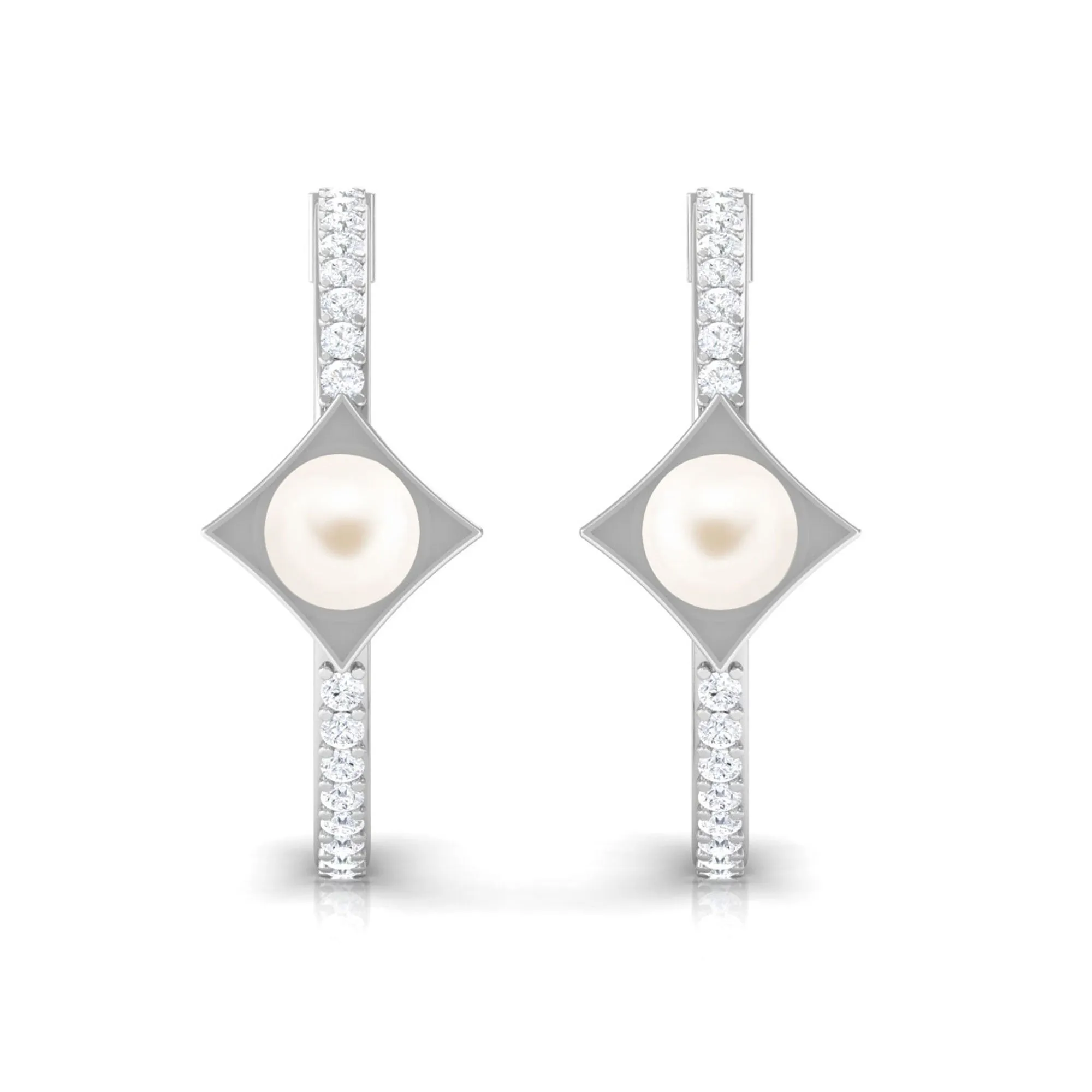 Elegant White Pearl Half Hoop Earrings with Diamond