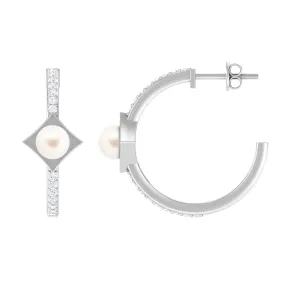 Elegant White Pearl Half Hoop Earrings with Diamond