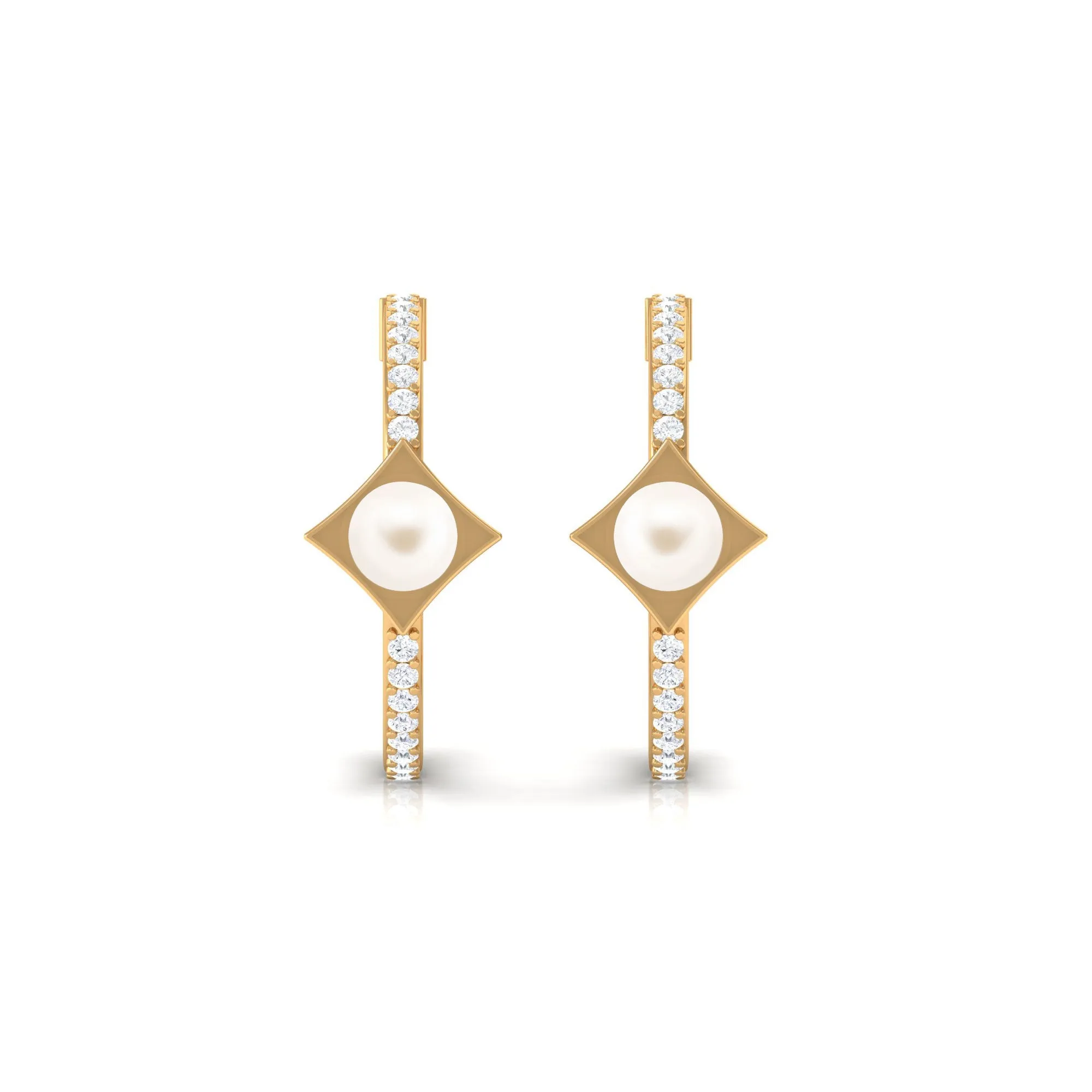 Elegant White Pearl Half Hoop Earrings with Diamond