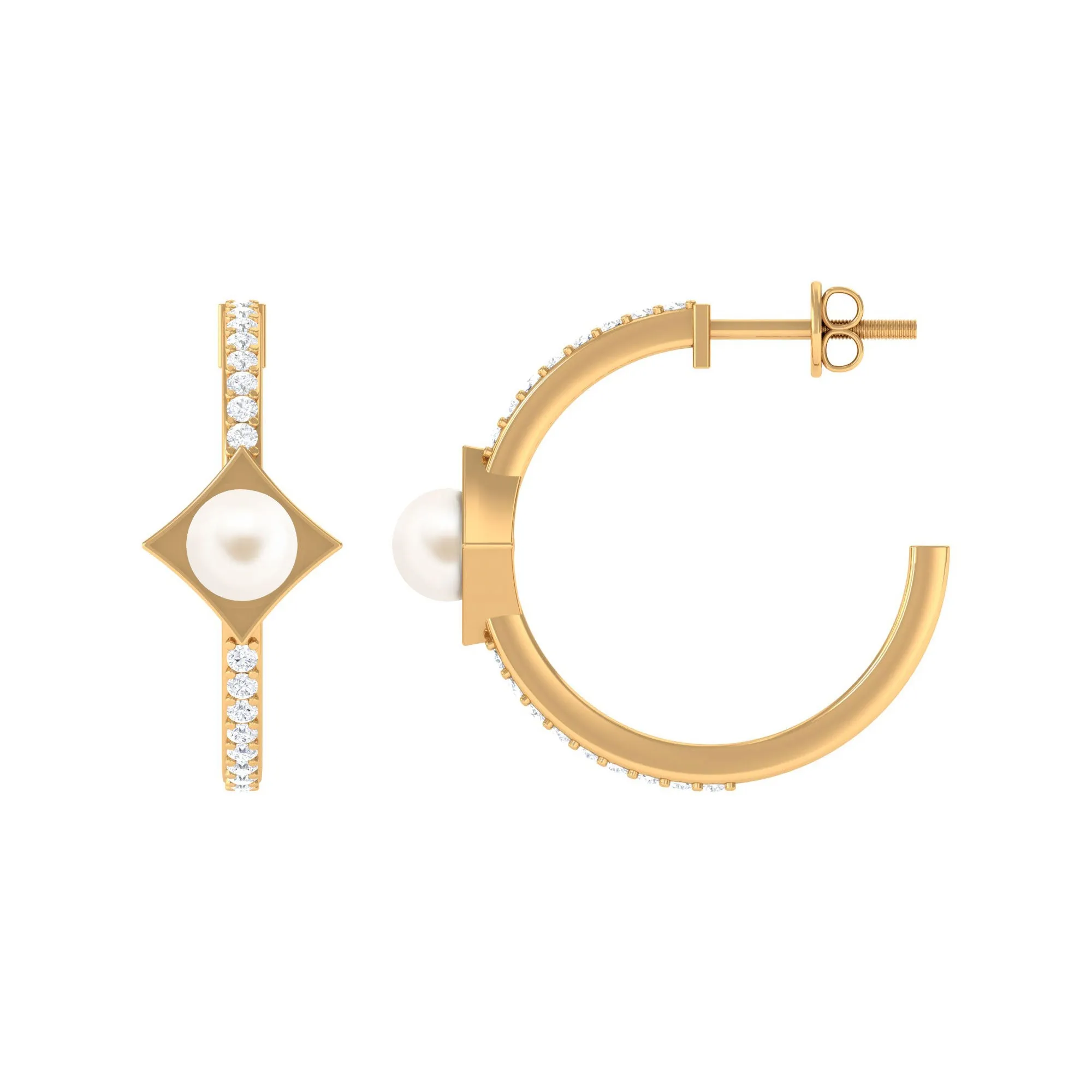 Elegant White Pearl Half Hoop Earrings with Diamond