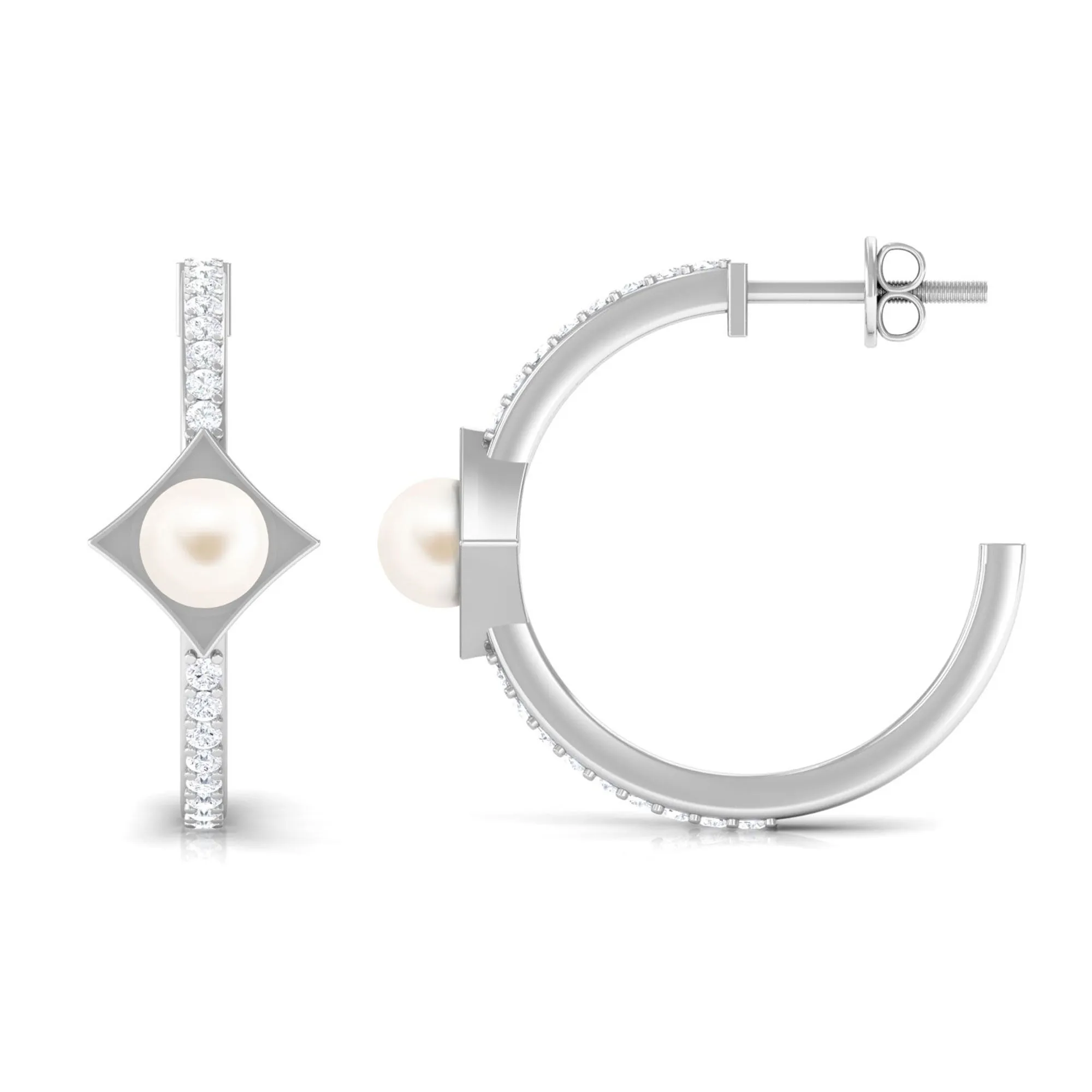 Elegant White Pearl Half Hoop Earrings with Diamond