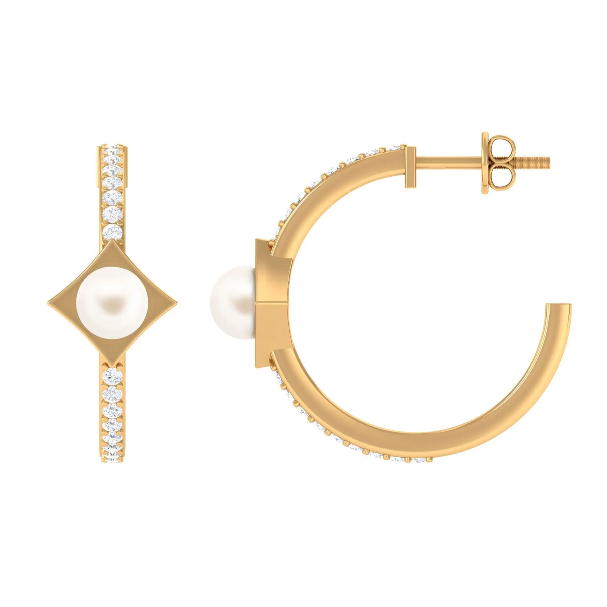 Elegant White Pearl Half Hoop Earrings with Diamond