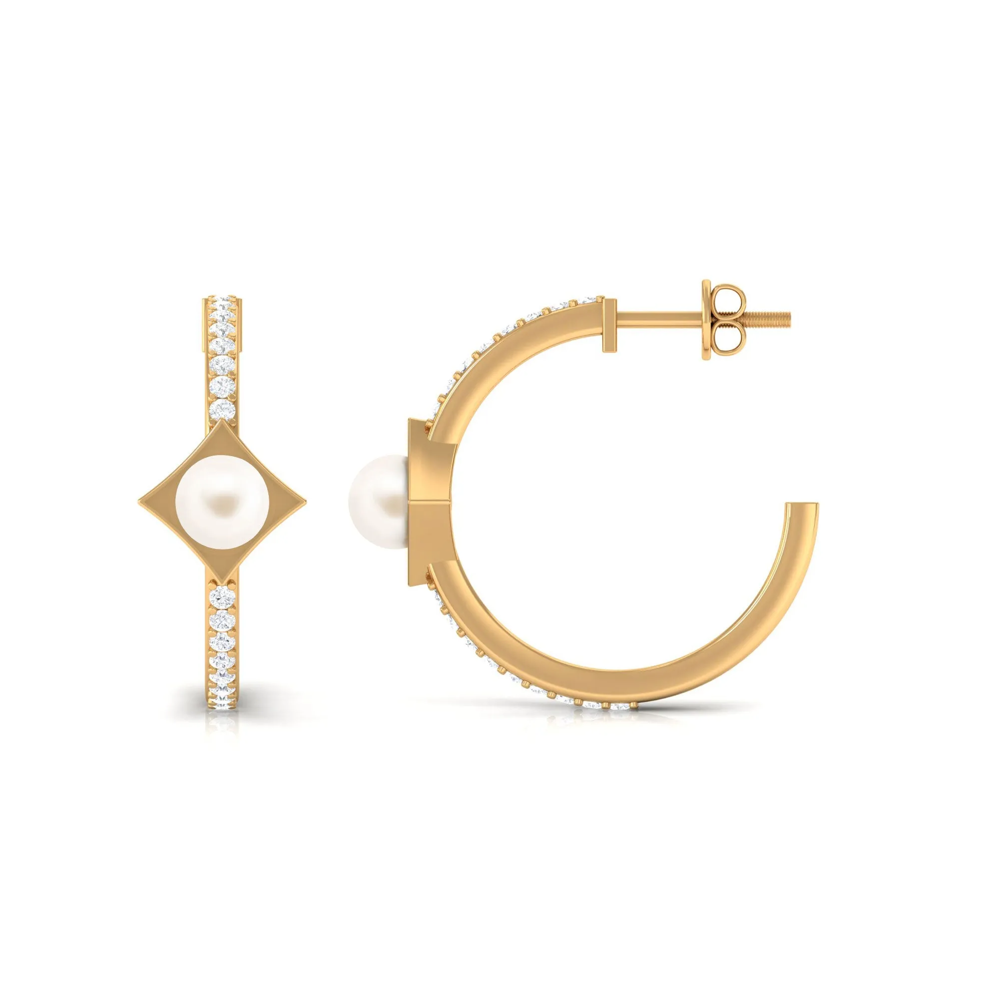 Elegant White Pearl Half Hoop Earrings with Diamond