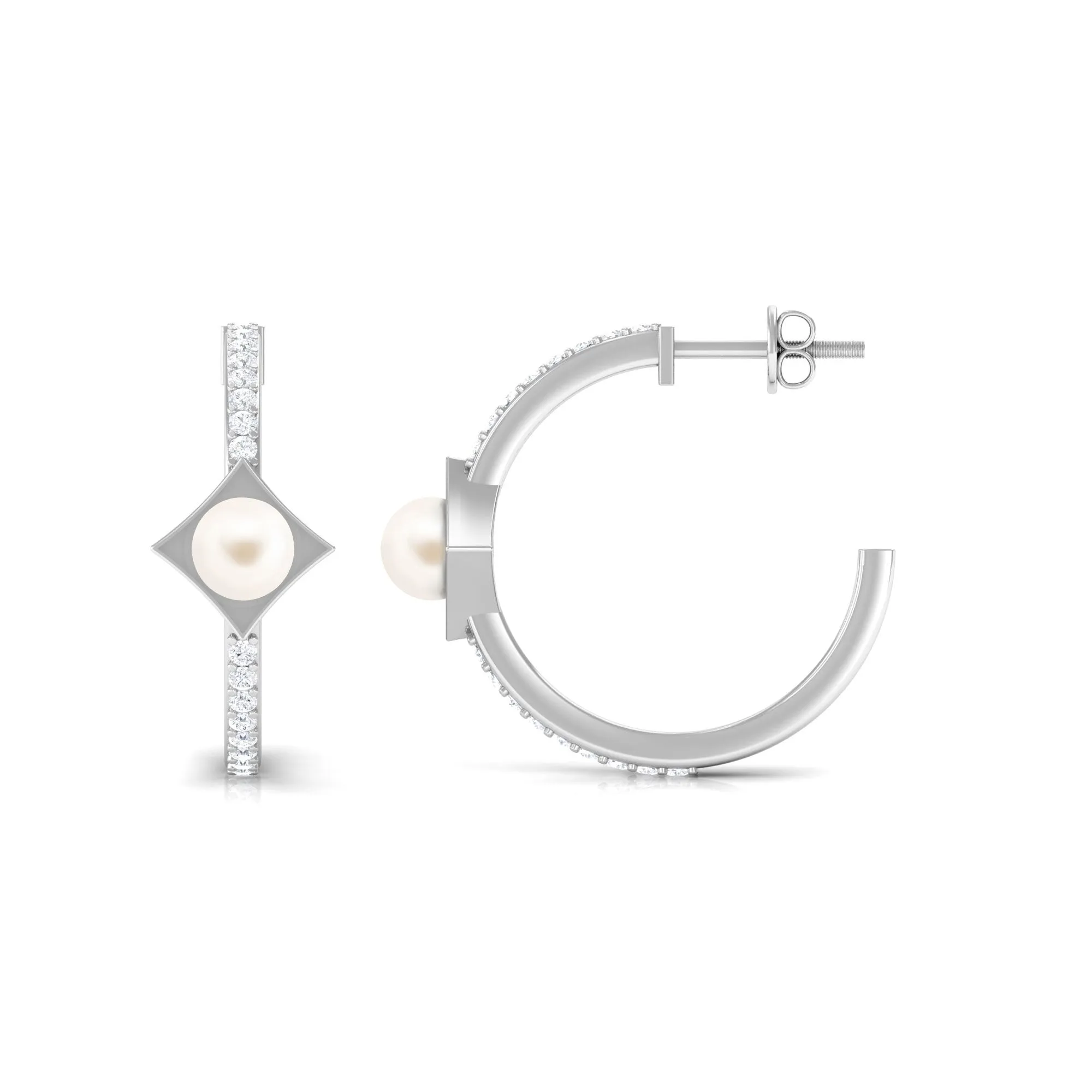 Elegant White Pearl Half Hoop Earrings with Diamond