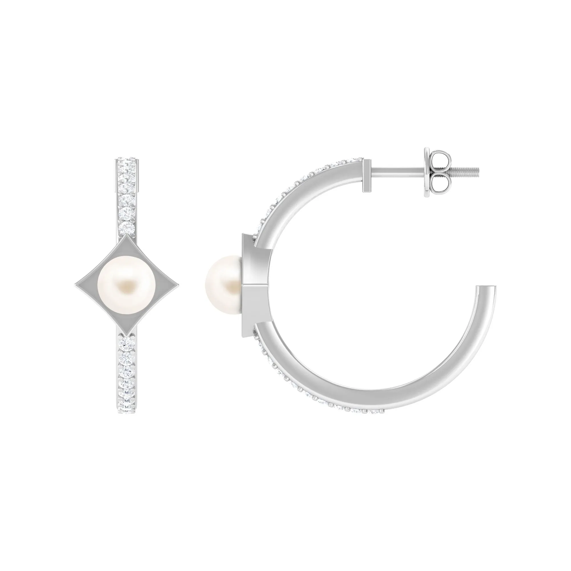 Elegant White Pearl Half Hoop Earrings with Diamond