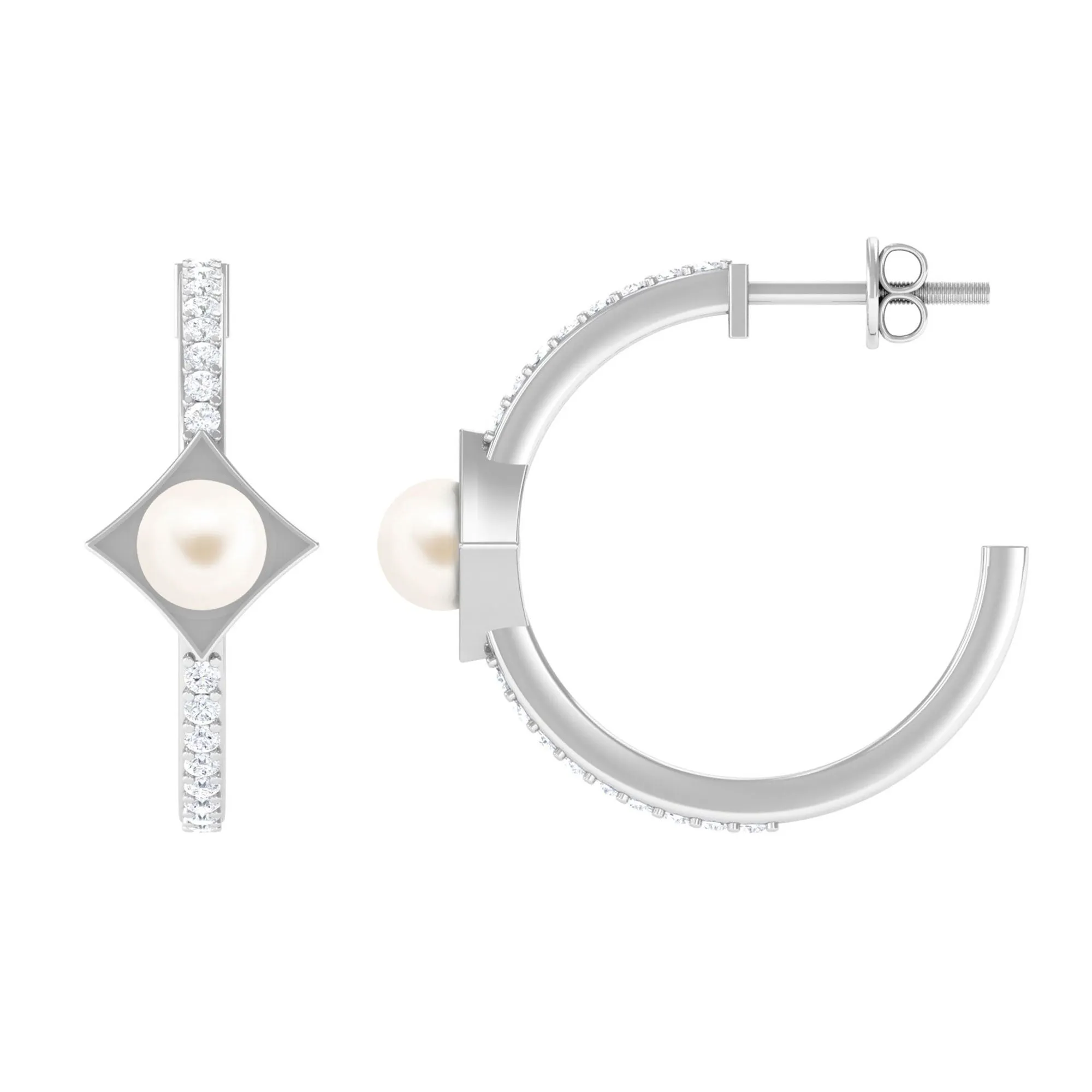 Elegant White Pearl Half Hoop Earrings with Diamond