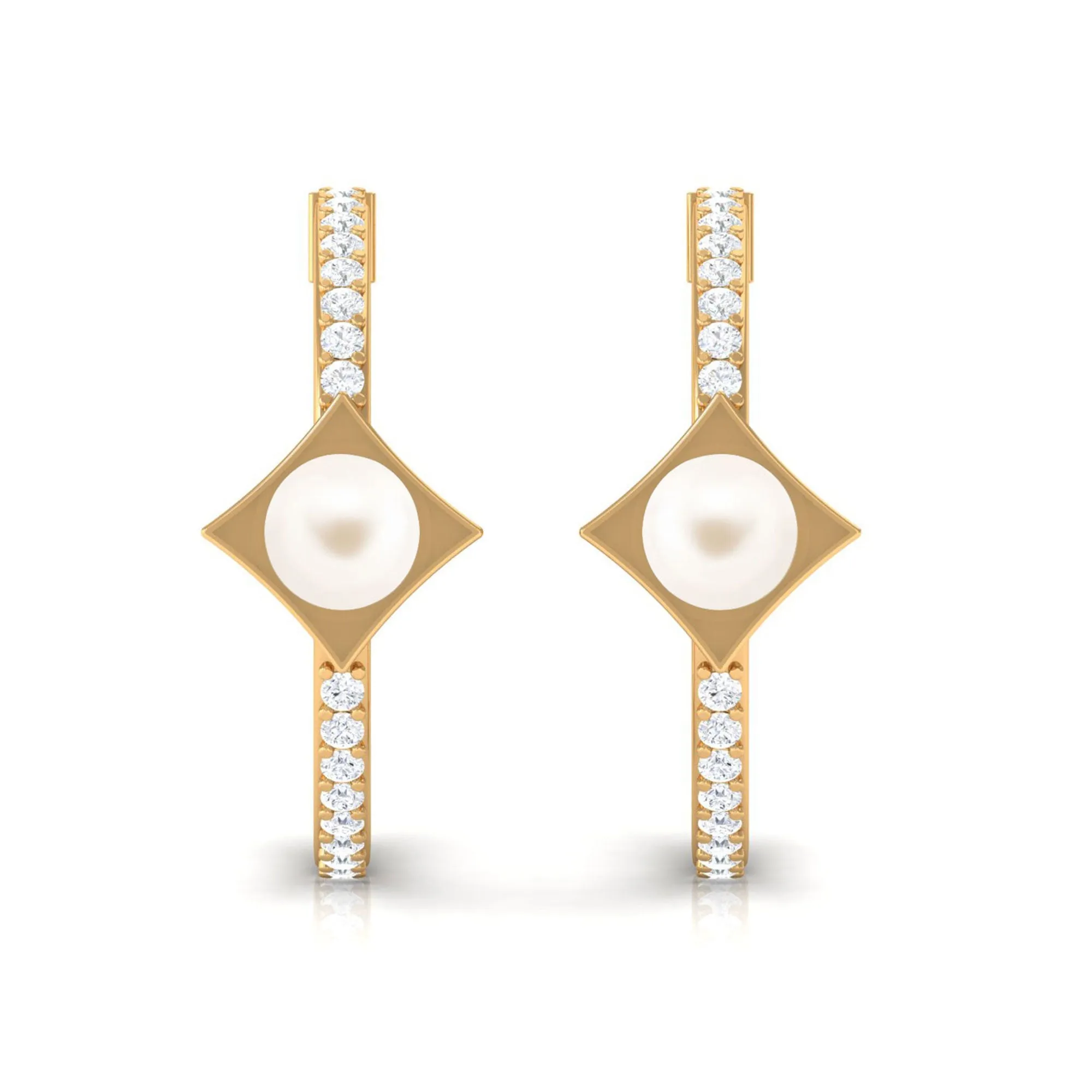 Elegant White Pearl Half Hoop Earrings with Diamond