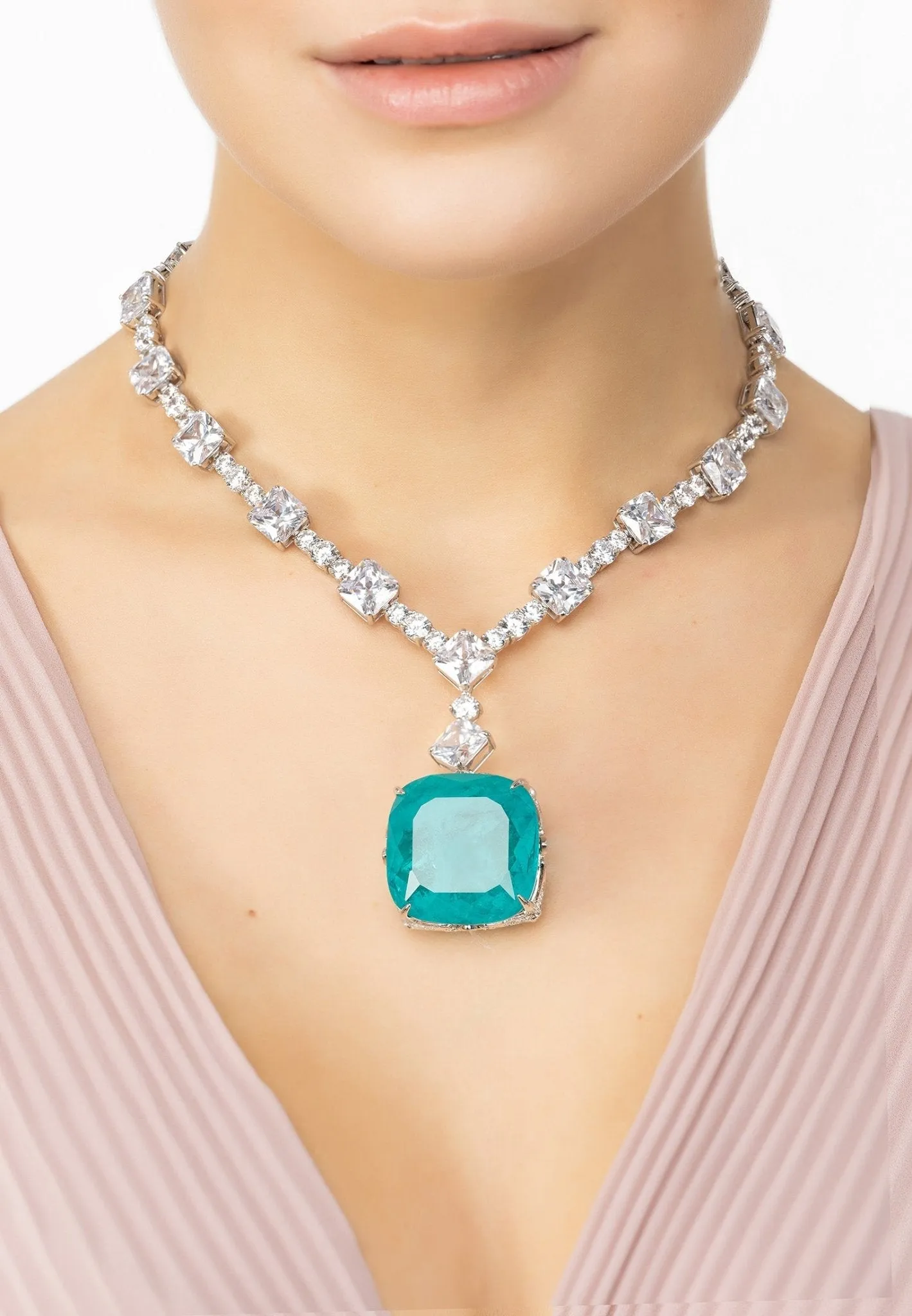 Elizabeth Colombian Emerald Statement Necklace Silver
