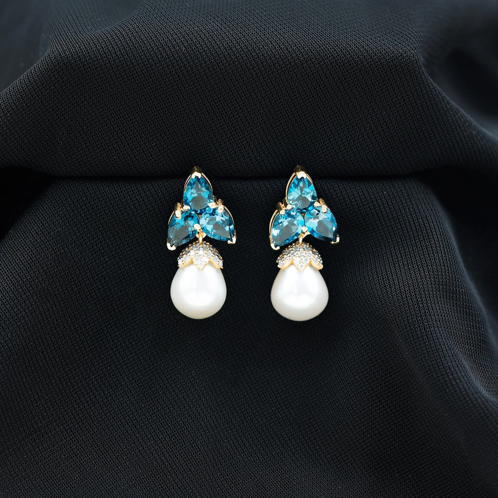 Freshwater Pearl Drop Earrings with London Blue Topaz and Diamond