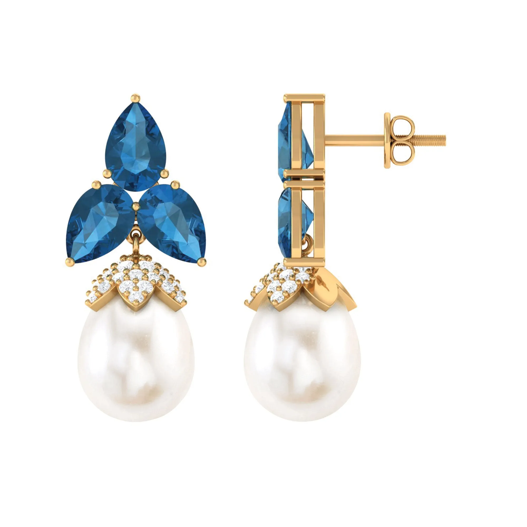 Freshwater Pearl Drop Earrings with London Blue Topaz and Diamond