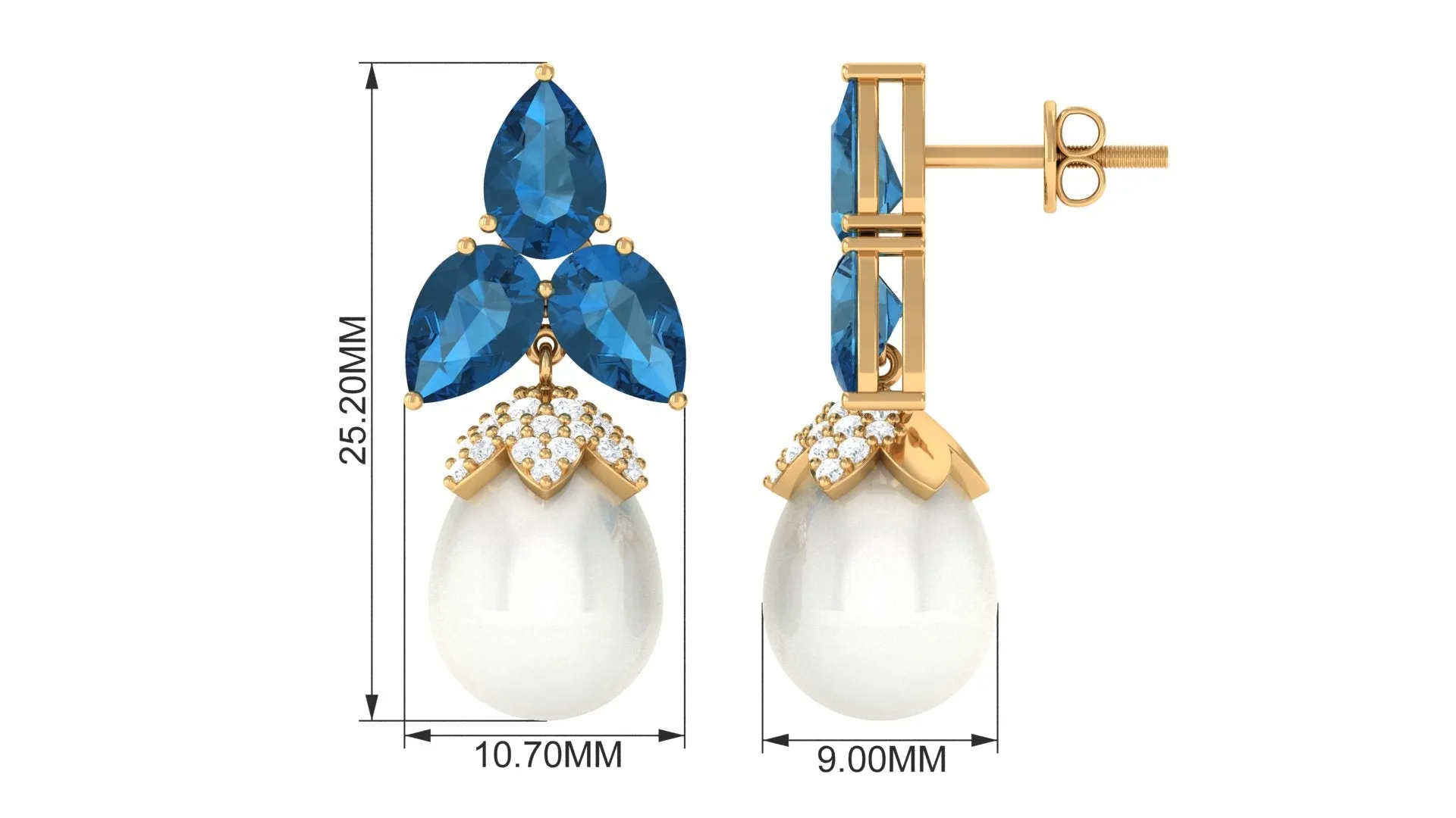 Freshwater Pearl Drop Earrings with London Blue Topaz and Diamond