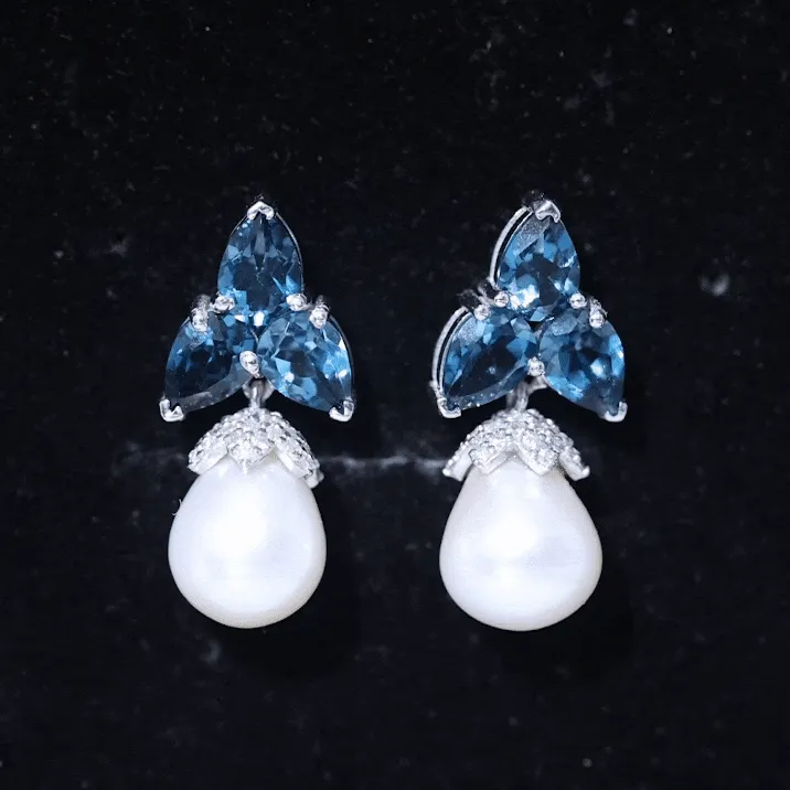 Freshwater Pearl Drop Earrings with London Blue Topaz and Diamond