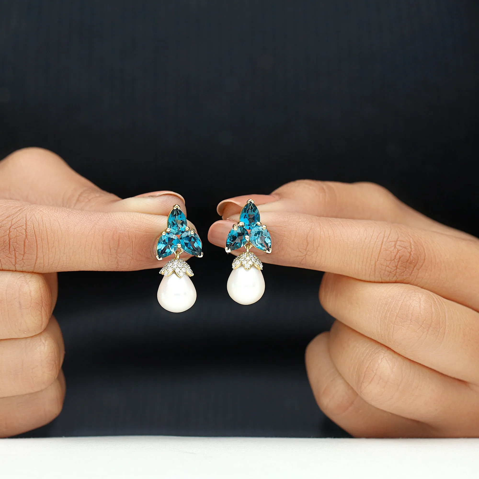 Freshwater Pearl Drop Earrings with London Blue Topaz and Diamond