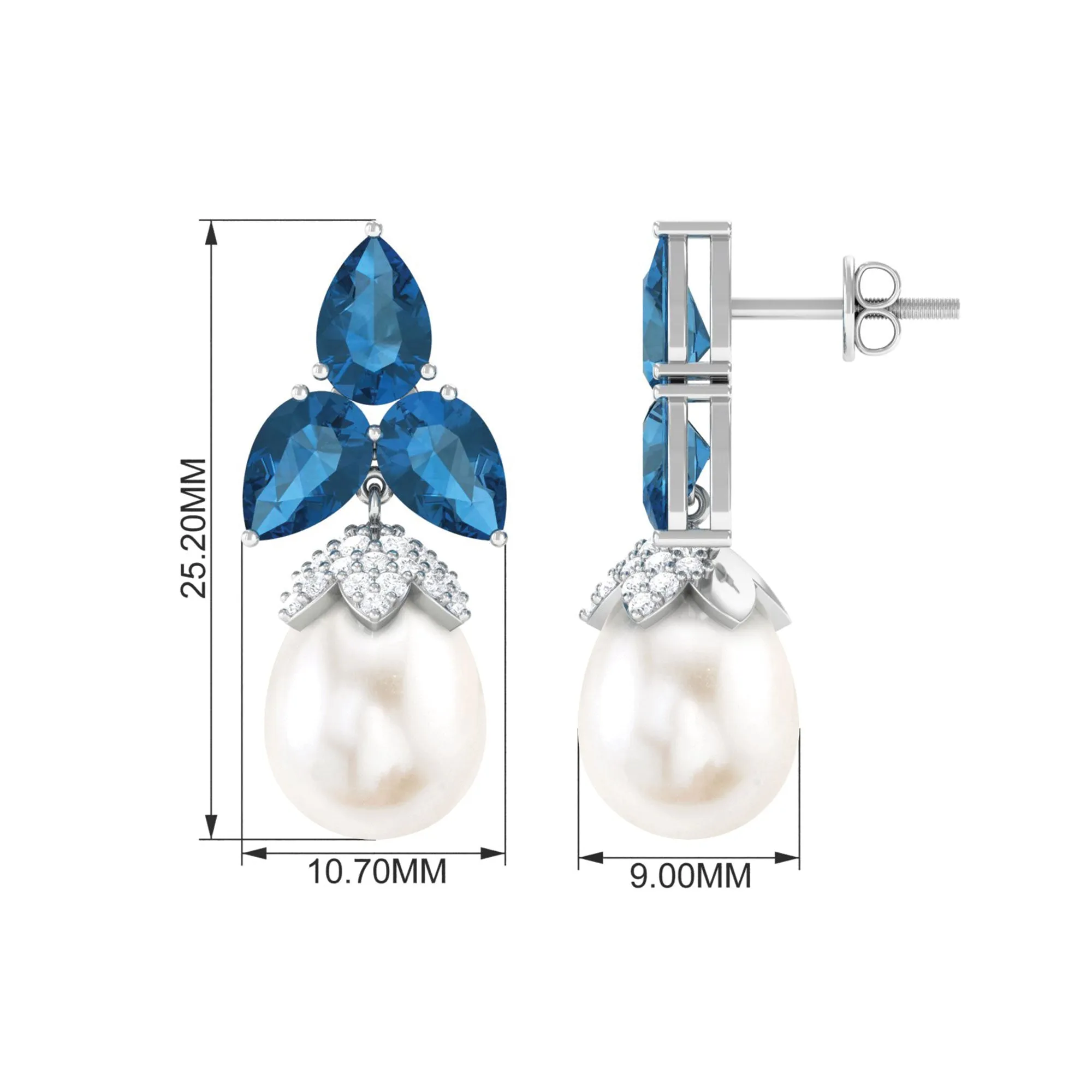 Freshwater Pearl Drop Earrings with London Blue Topaz and Diamond