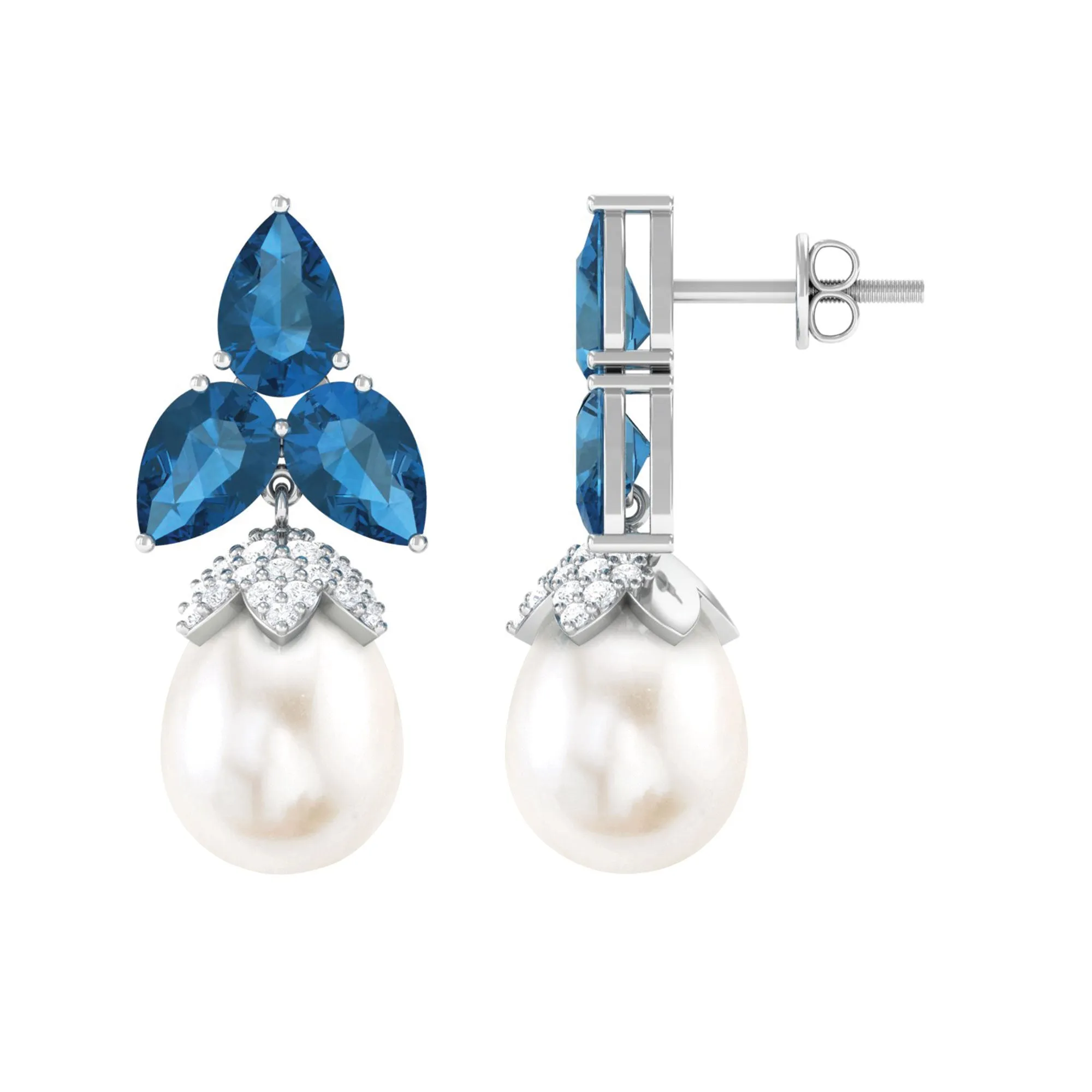 Freshwater Pearl Drop Earrings with London Blue Topaz and Diamond