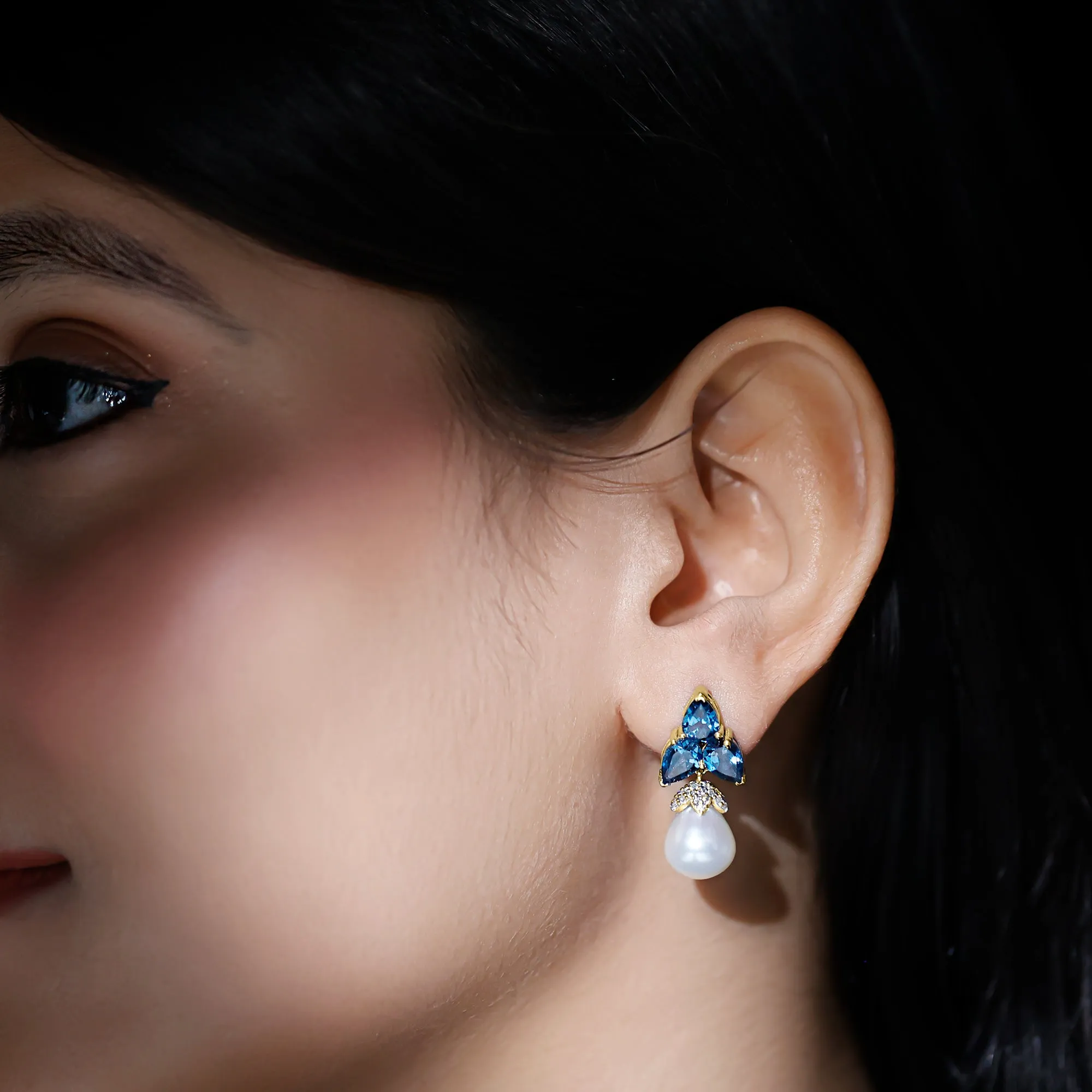 Freshwater Pearl Drop Earrings with London Blue Topaz and Diamond