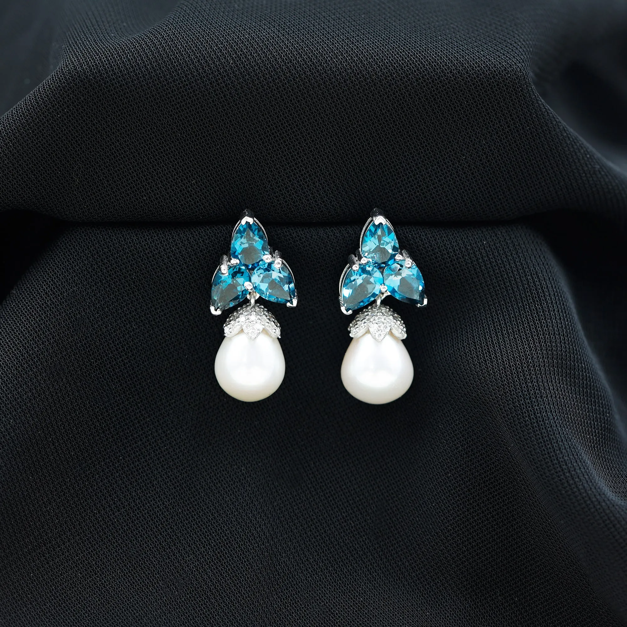 Freshwater Pearl Drop Earrings with London Blue Topaz and Diamond
