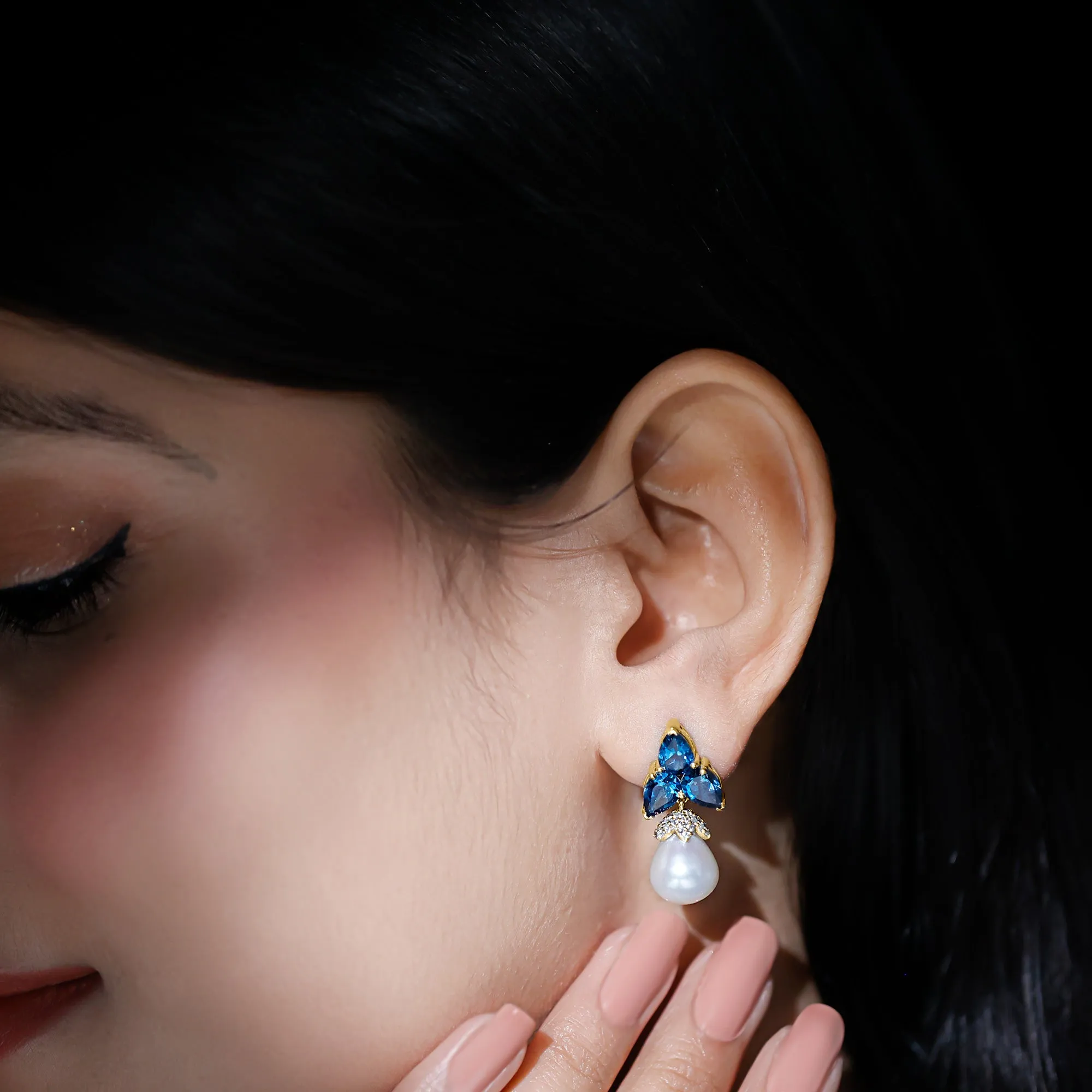 Freshwater Pearl Drop Earrings with London Blue Topaz and Diamond