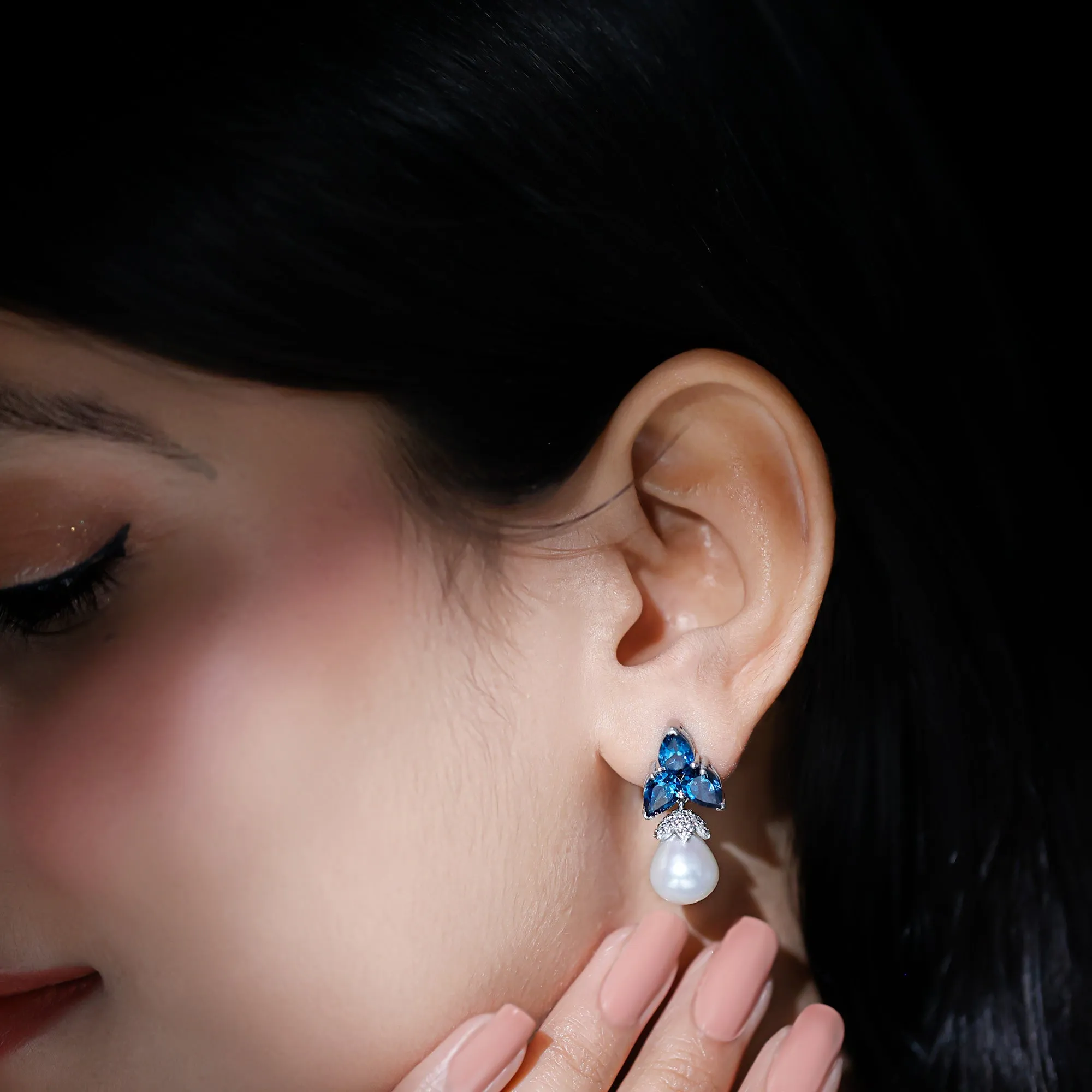 Freshwater Pearl Drop Earrings with London Blue Topaz and Diamond