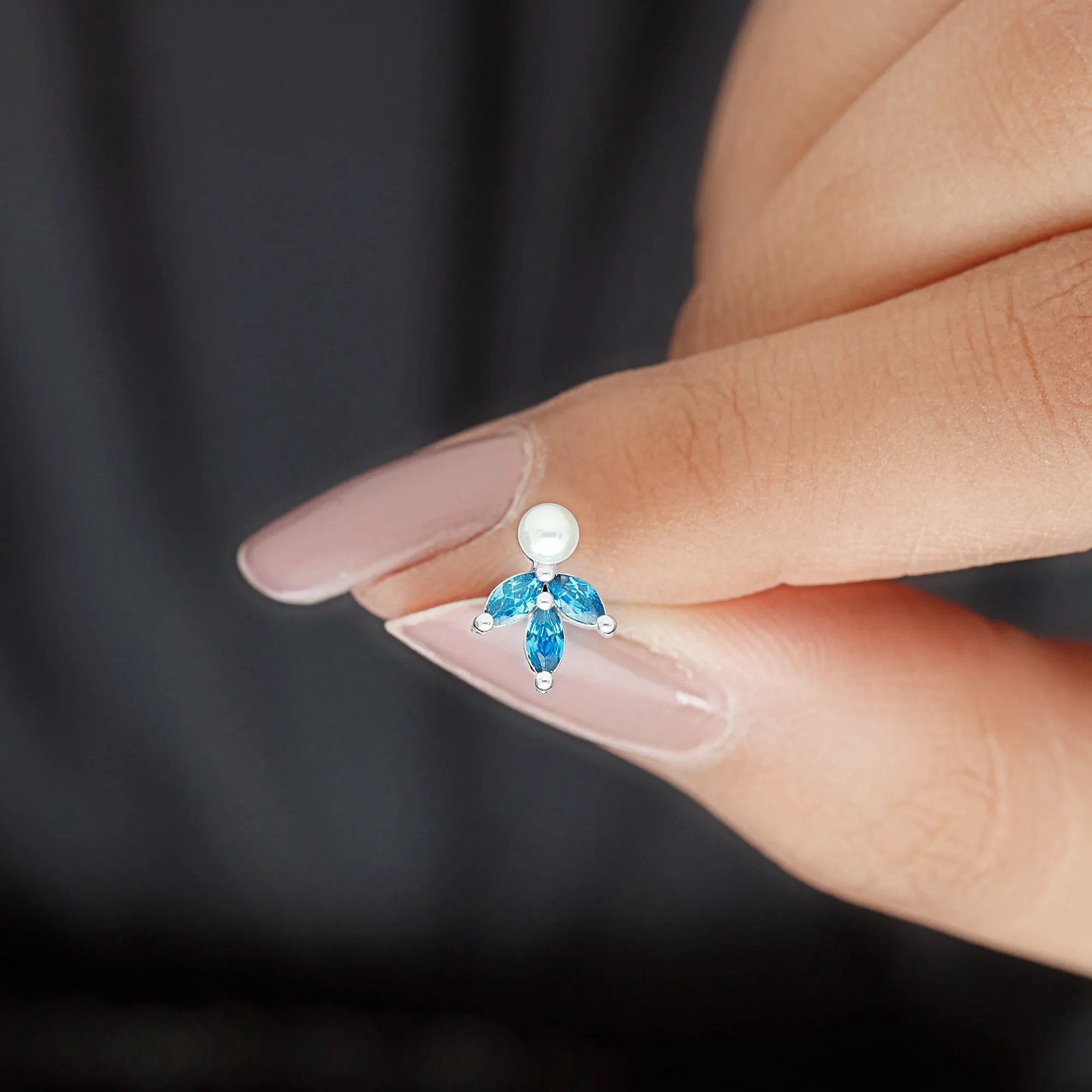 Genuine Freshwater Pearl Earring with London Blue Topaz Flower