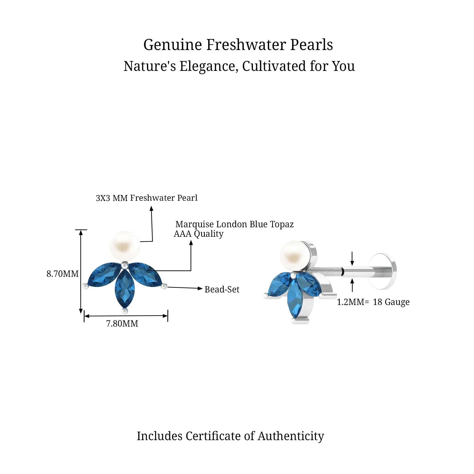 Genuine Freshwater Pearl Earring with London Blue Topaz Flower