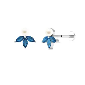 Genuine Freshwater Pearl Earring with London Blue Topaz Flower
