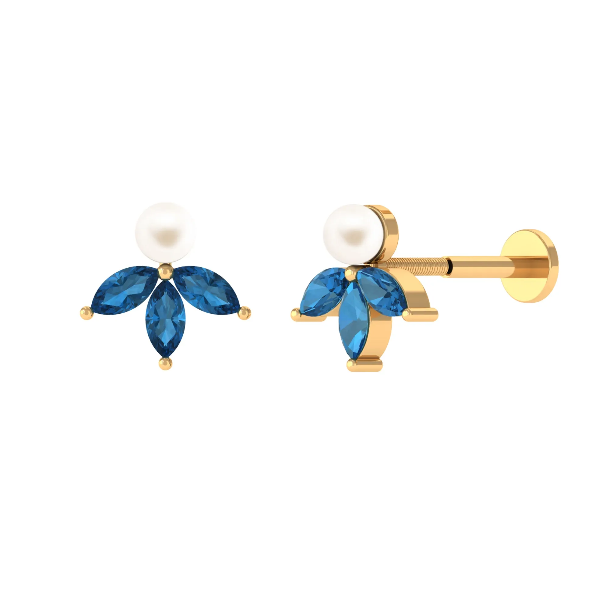 Genuine Freshwater Pearl Earring with London Blue Topaz Flower