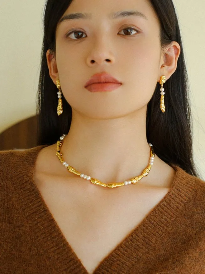 Geometric Irregular Metal Toothpicks Spliced Round Pearl Earrings