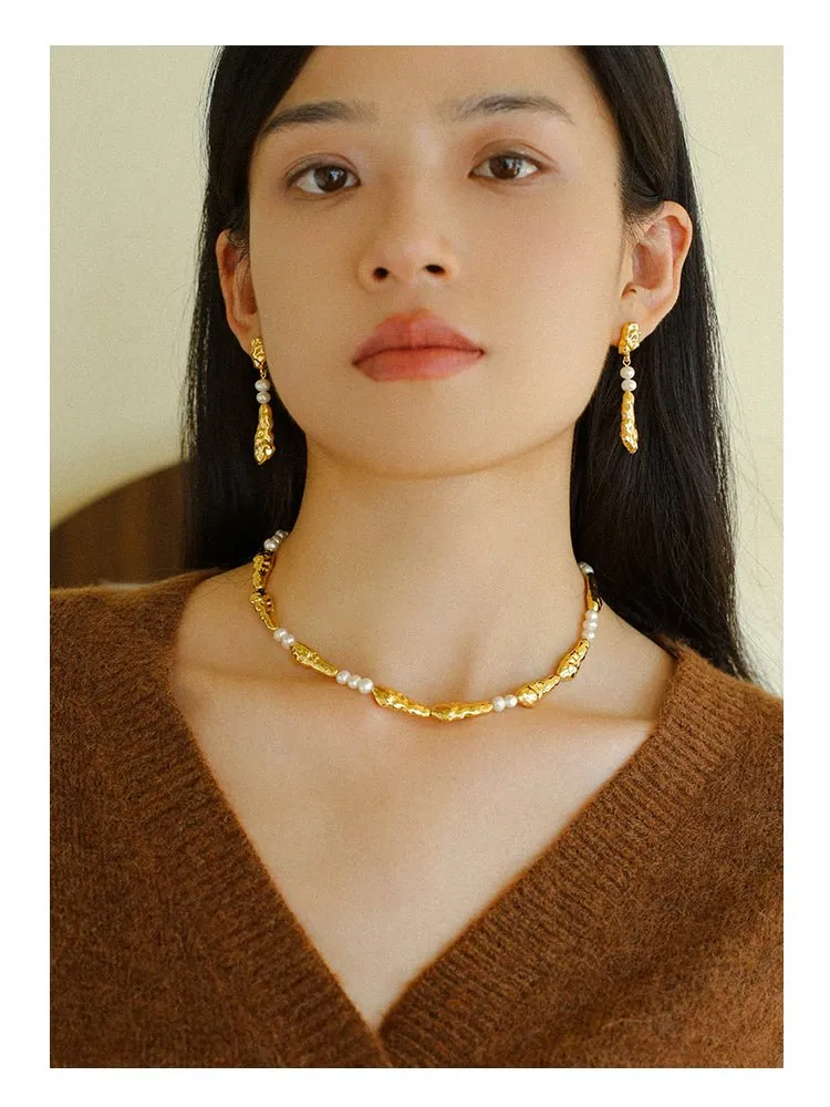 Geometric Irregular Metal Toothpicks Spliced Round Pearl Earrings