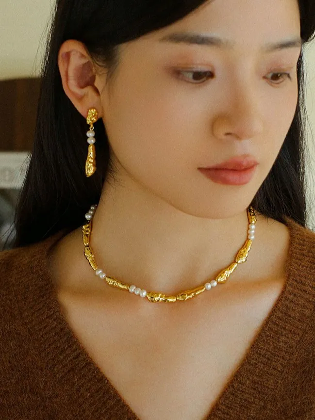 Geometric Irregular Metal Toothpicks Spliced Round Pearl Earrings
