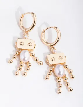 Gold Pearl Robot Huggie Earrings