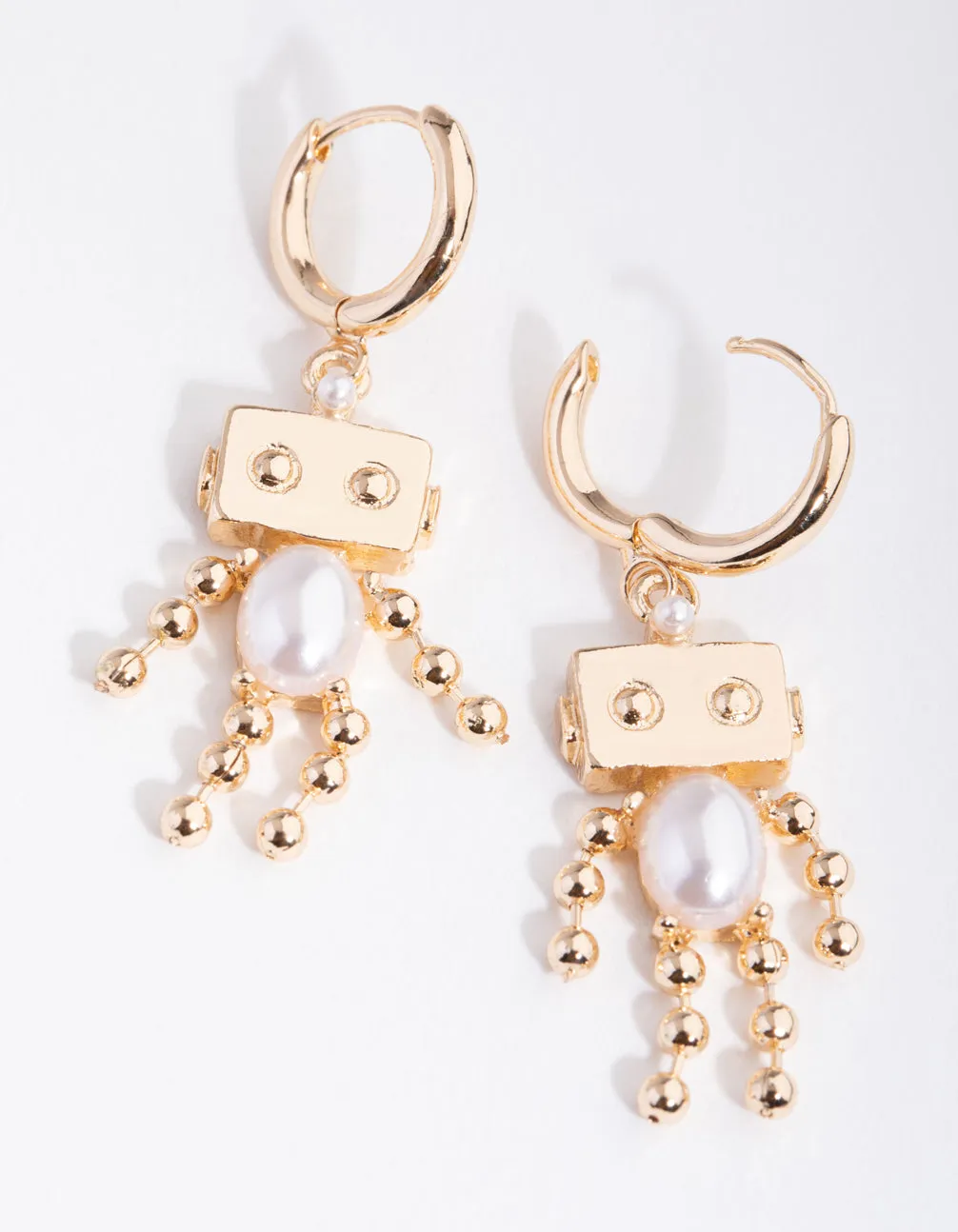 Gold Pearl Robot Huggie Earrings