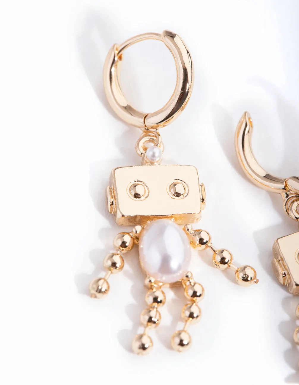 Gold Pearl Robot Huggie Earrings