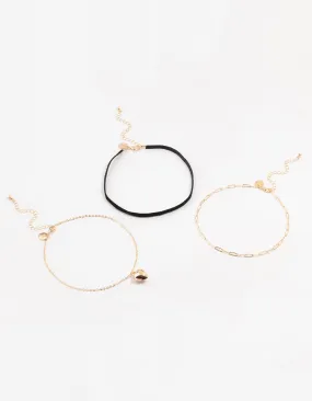 Gold Ribbon Puff Heart Chokers 3-Pack
