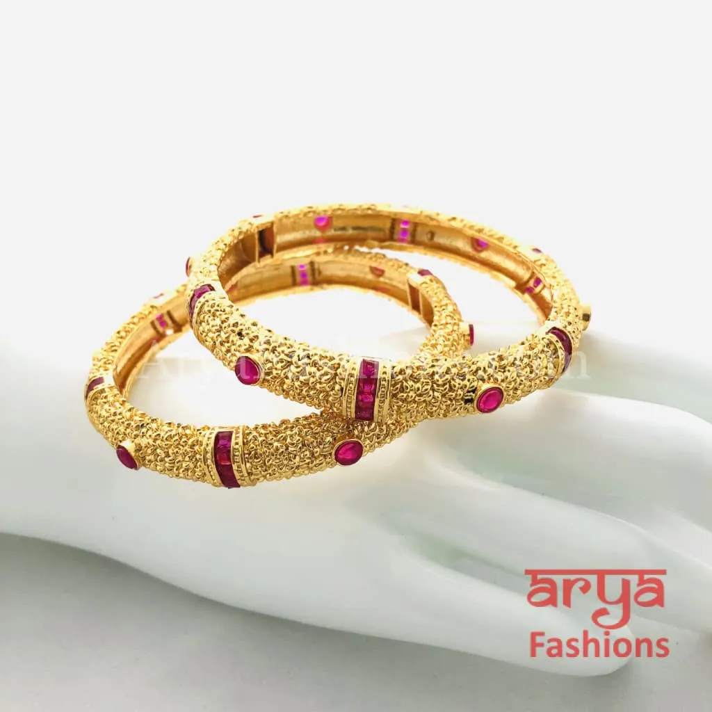 Golden Bangles with Ruby and White Stones, Pair of 2 Bangles