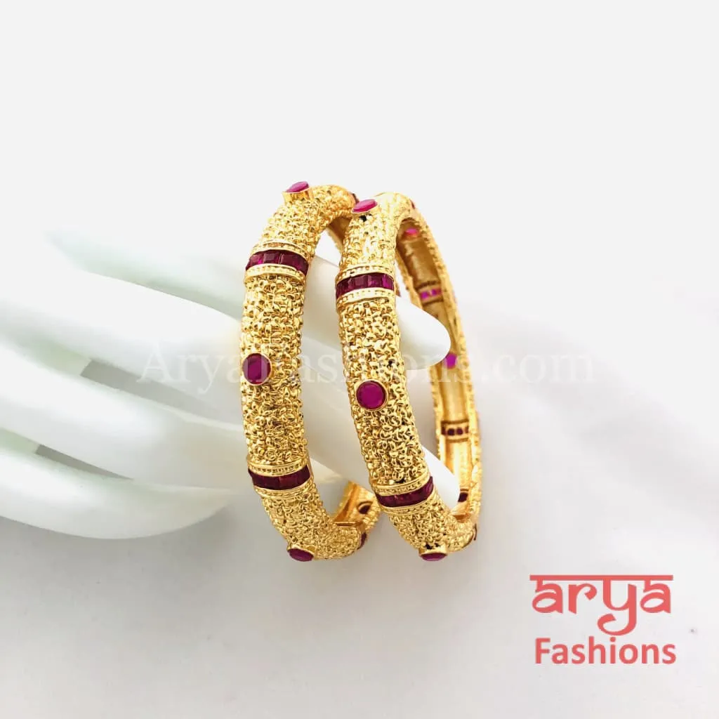 Golden Bangles with Ruby and White Stones, Pair of 2 Bangles