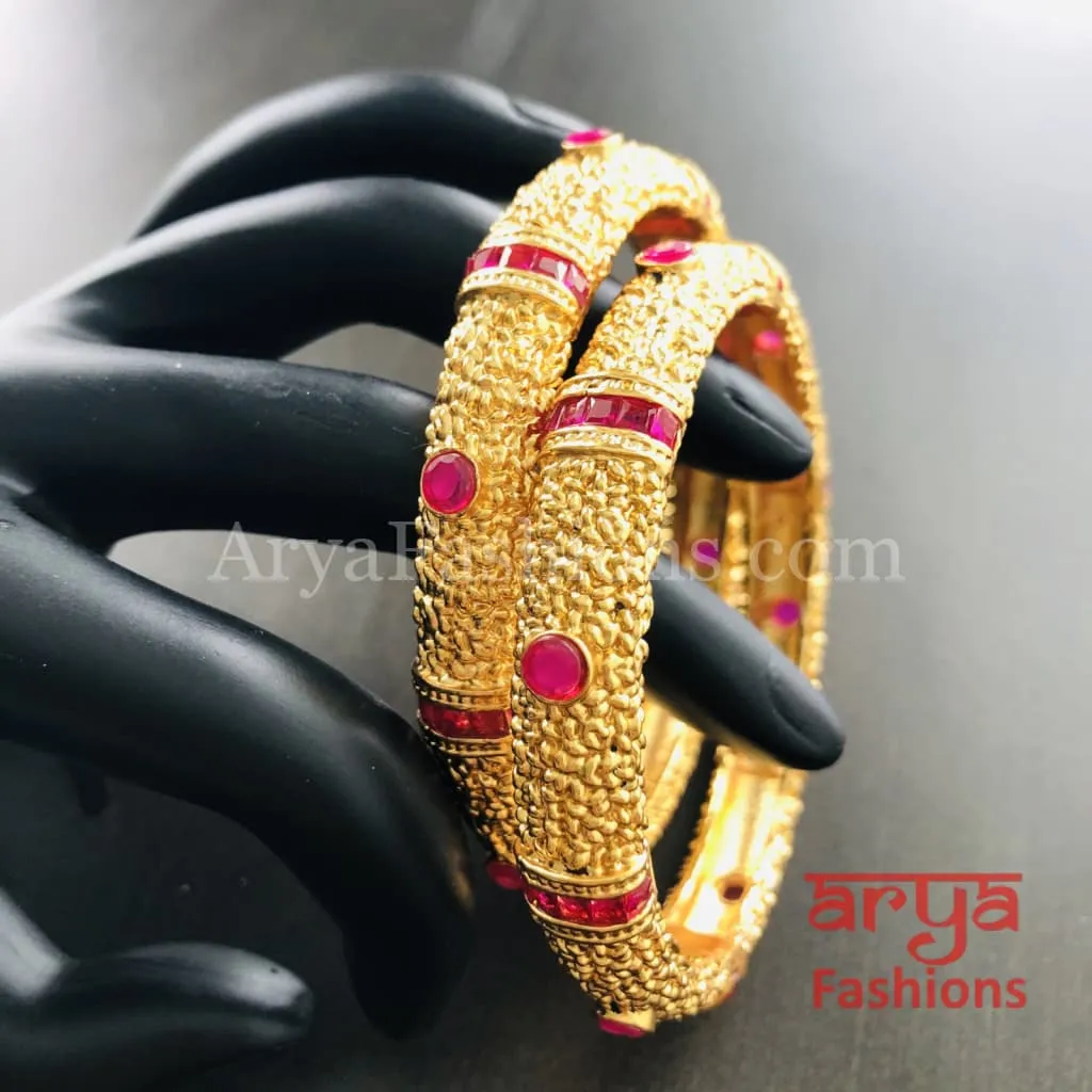 Golden Bangles with Ruby and White Stones, Pair of 2 Bangles