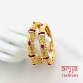 Golden Bangles with Ruby and White Stones, Pair of 2 Bangles