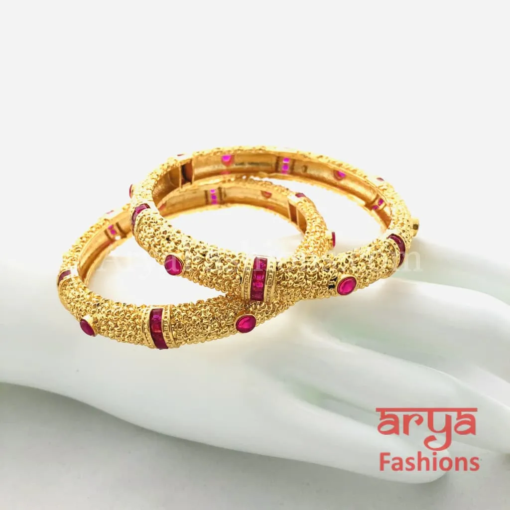 Golden Bangles with Ruby and White Stones, Pair of 2 Bangles