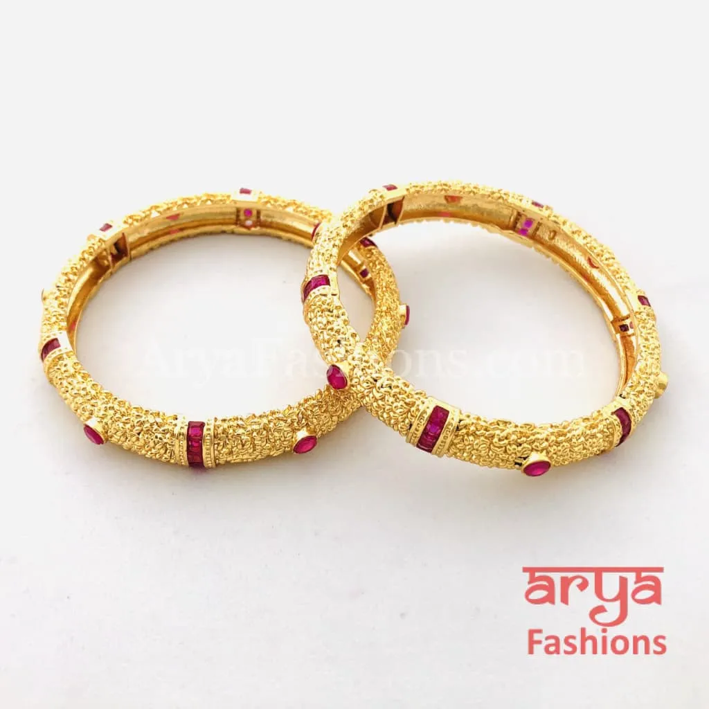 Golden Bangles with Ruby and White Stones, Pair of 2 Bangles