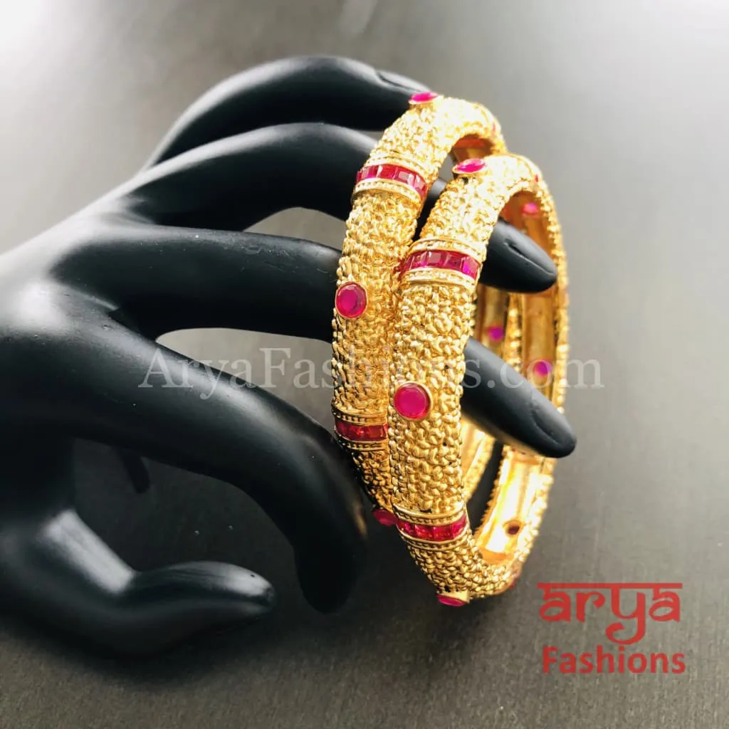 Golden Bangles with Ruby and White Stones, Pair of 2 Bangles