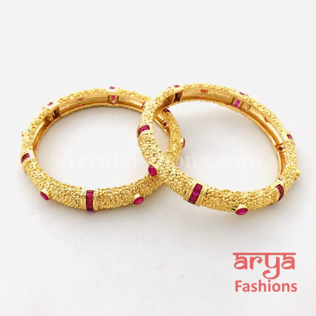 Golden Bangles with Ruby and White Stones, Pair of 2 Bangles