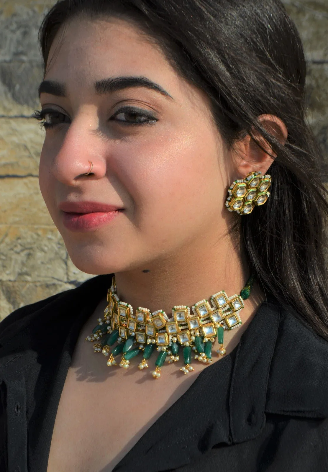 Green Necklace Square Kundankari