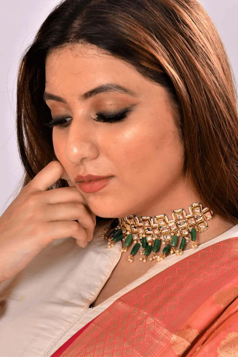 Green Necklace Square Kundankari