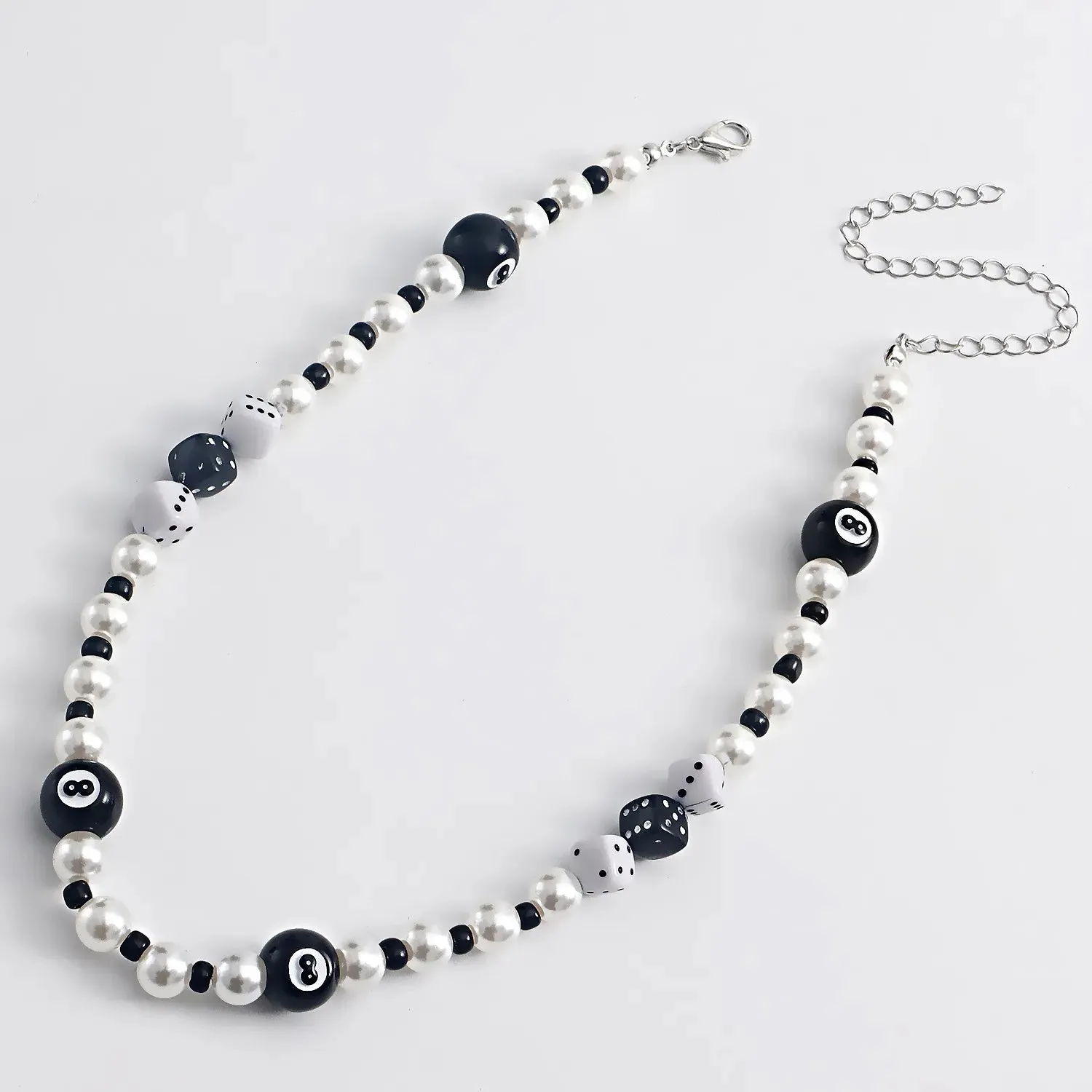 Hiphop Black Billiard Black 8 Dice Pearl Necklaces for Women