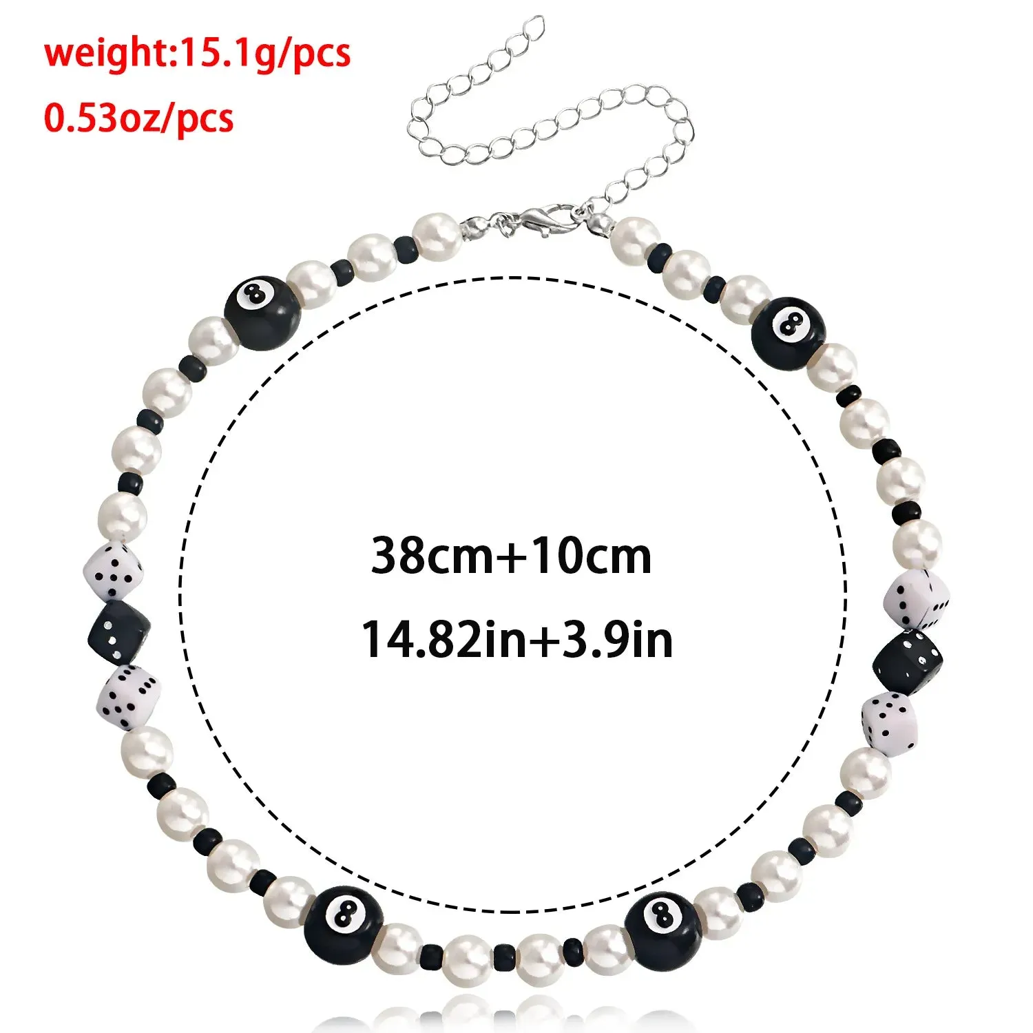 Hiphop Black Billiard Black 8 Dice Pearl Necklaces for Women