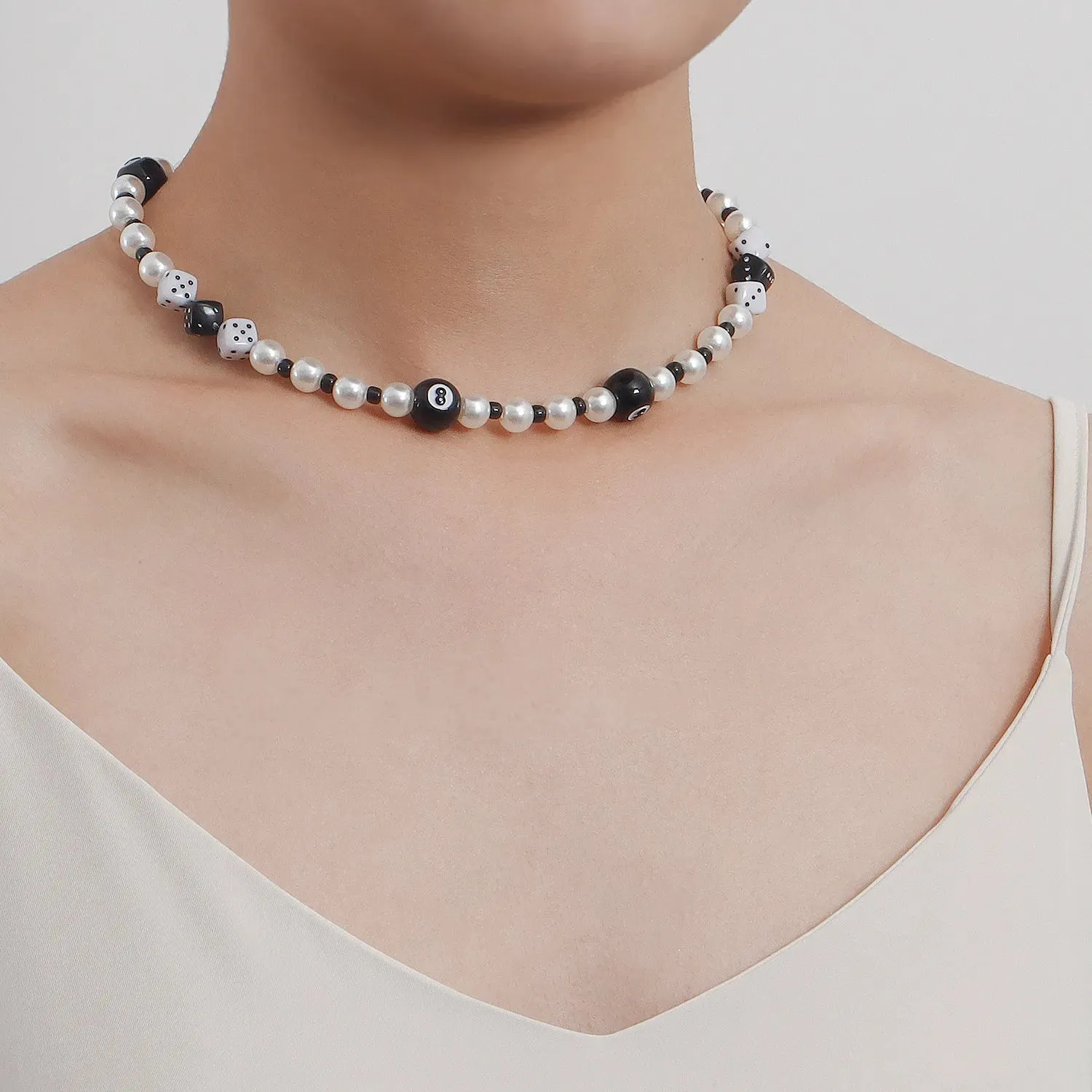 Hiphop Black Billiard Black 8 Dice Pearl Necklaces for Women
