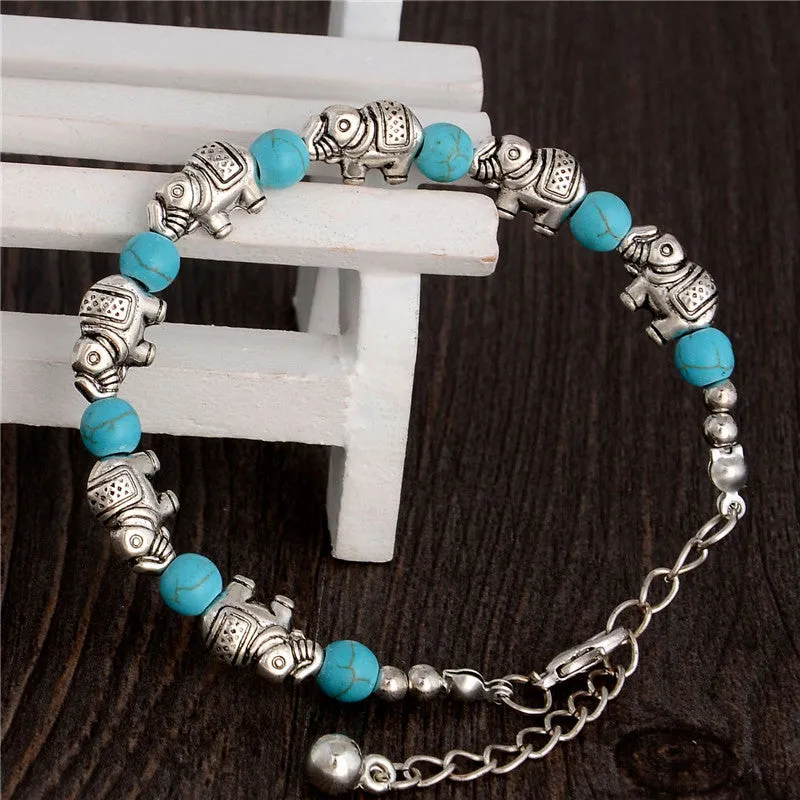 Hot Sale Retro Elephant Adjustable Chain Bead For Ladies Turquoise Bracelet