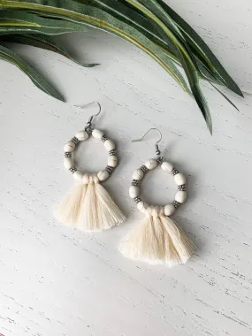Ivory and Silver Beaded Hoop Earrings with Cream Tassels