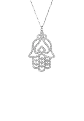 Large Hand Of Fatima Filigree Hamsa Necklace Silver